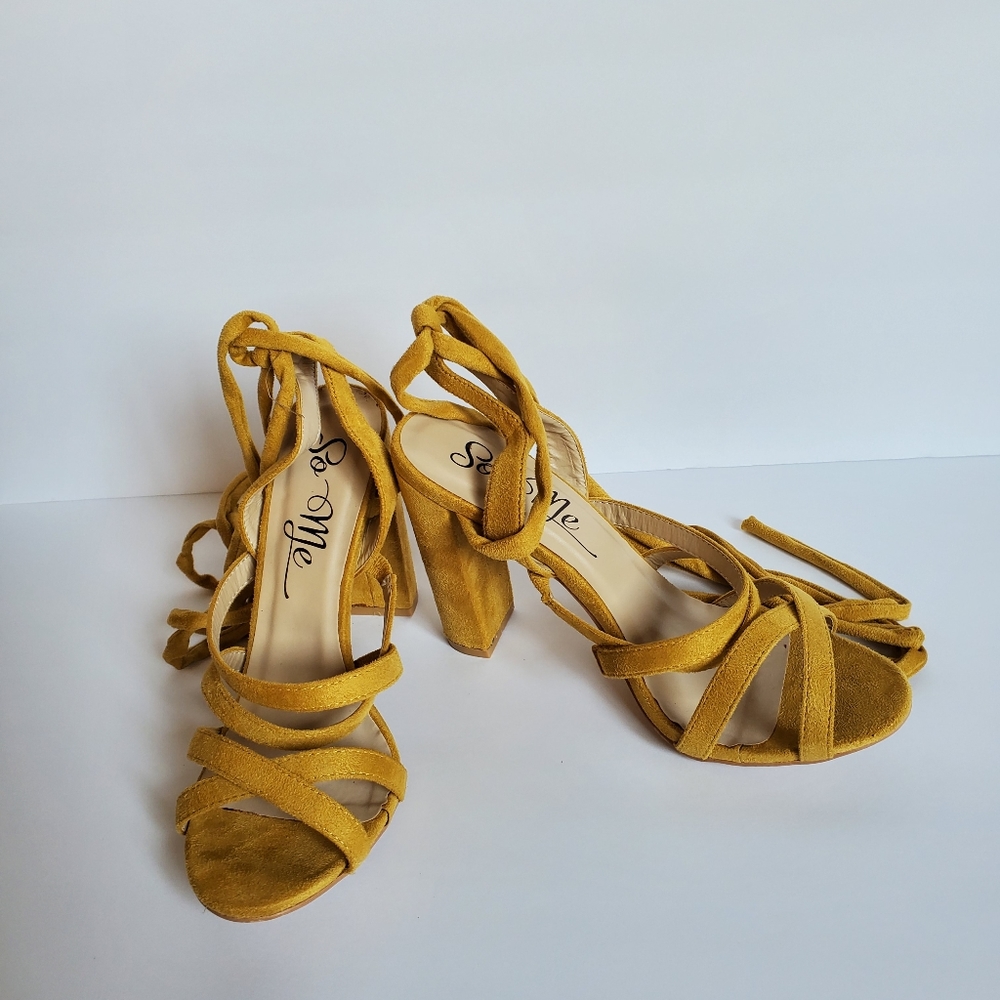 Mustard Suede Like Wrap Up Heels